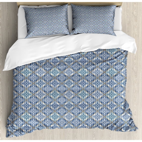 Moroccan Duvet Cover Set King Size, Azulejo Ceramic Pattern with Rectangle Shapes with Diagonal Square Design, Decorative 3 Piece Bedding Set with 2 Pillow Shams, Blue Cream Marigold, by Ambesonne