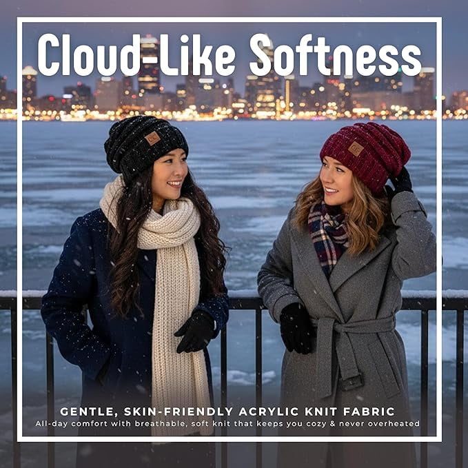 Funky Junque Slouchy Beanie for Women – Warm Winter Hat, Soft Chunky Cable Knit Oversized Slouch Beanies for Cold Weather, Cozy Stylish Fashion Hats - 2 Pack - Black & Confetti Burgundy