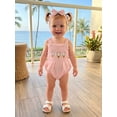 thumbnail image 6 of BemeyourBBs Newborn Baby Girl Summer Clothes Smocked Bubble Romper One Piece Outfit 0 3 6 12 18 Months Strap Sleeveless Ice Cream Embroidery Plaid Gingham Bodysuit with Bow Hairband, 6 of 9