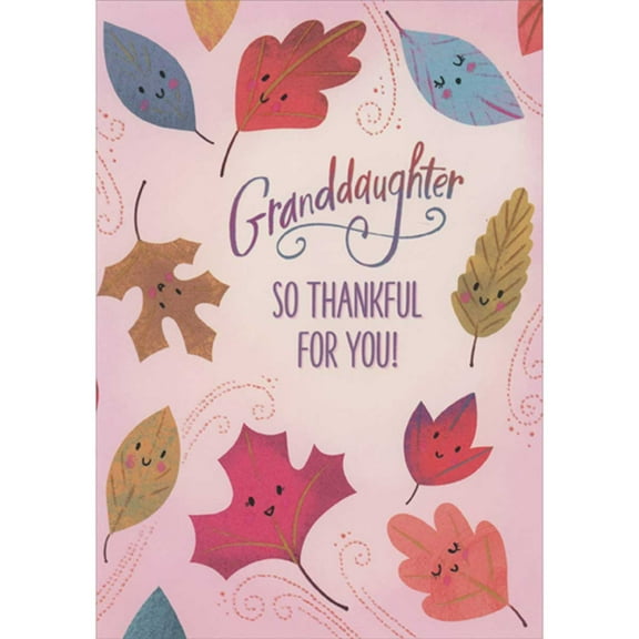 Designer Greetings Cute Smiling Leaves Blowing Around on Pink Background Juvenile Thanksgiving Card for Granddaughter