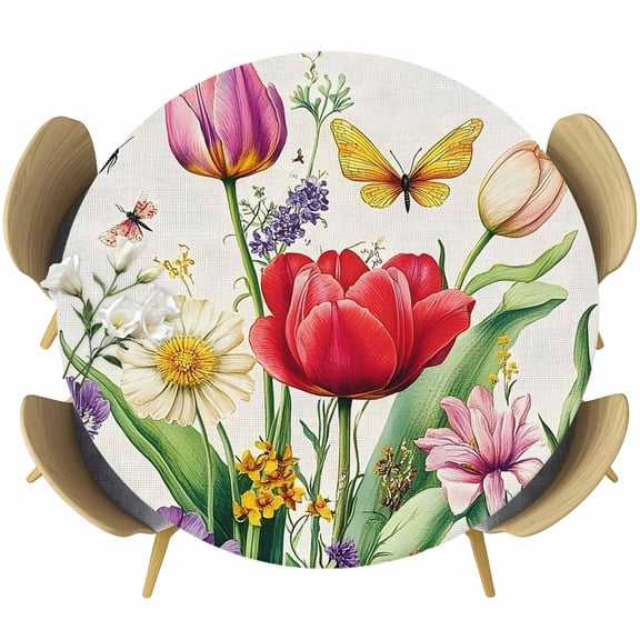 Spring Floral Table Cloth, Round Fitted Tablecloths with Elastic Edge, Colorful Tulip Butterfly Botanical Elegant Wipeable Waterproof Table Cover for Kitchen Wedding 36-44 Inches