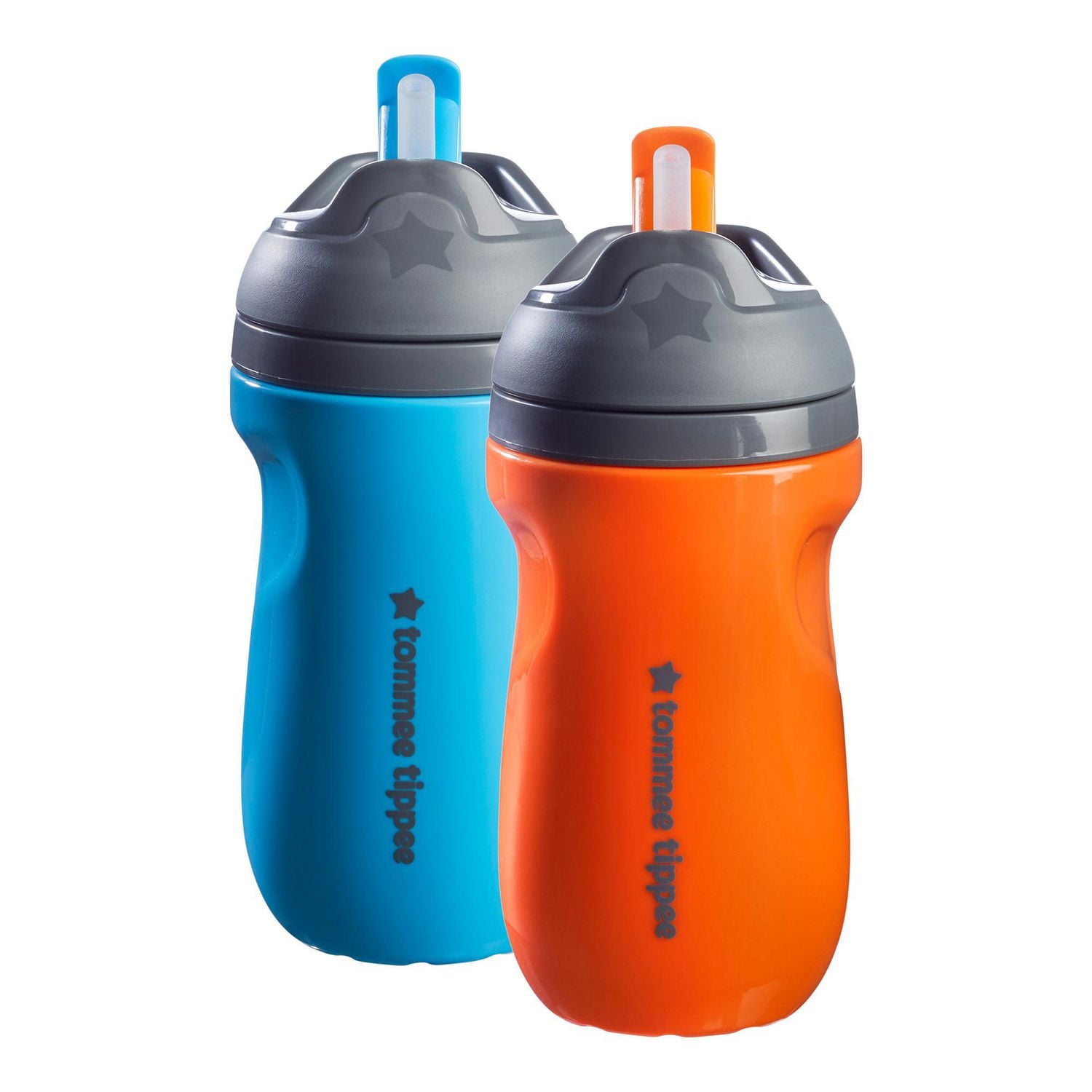 Tommee Tippee Insulated Non-Spill Straw Cup, 12m+ Toddler Training Drinking Bottle, 100% Leak Proof, Pack of 2, Orange and Blue