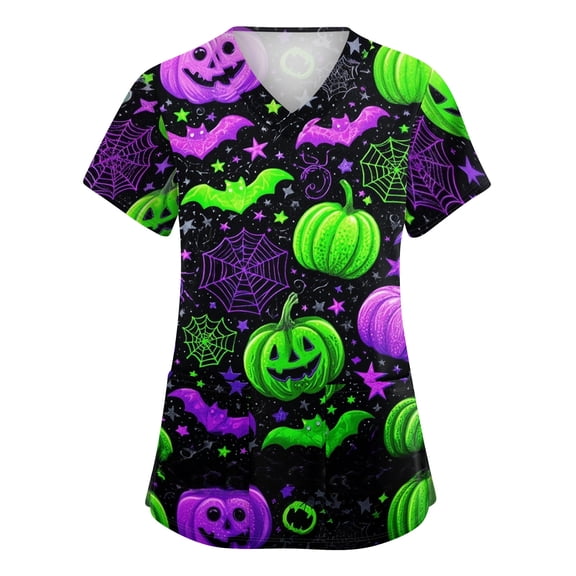 KDDYLITQ Womens Scrubs Short Sleeve V Neck Nursing Uniform Scrub Tops Halloween Floral Cute Work Skeleton Shirts with Pockets Green M