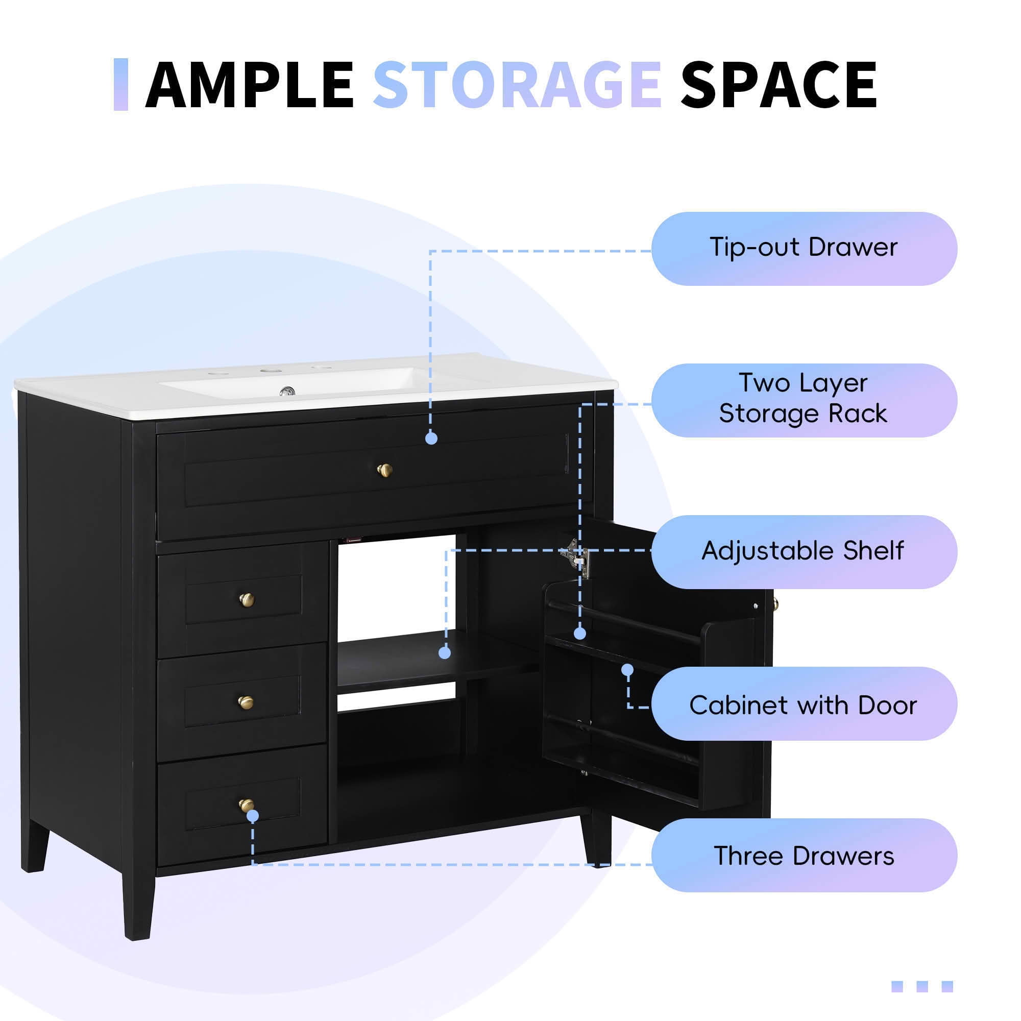 MAYEERTY 24" Bathroom Vanity with Sink Solid Wood MDF 1 Flip Drawer 2 Drawers Adjustable Shelf Black