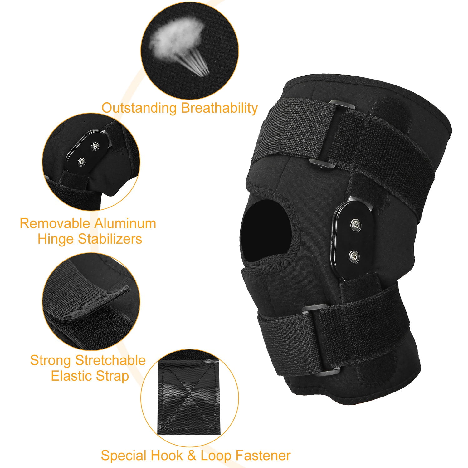 Hinged Knee Brace for Knee Protect Teqhome Knee Support with Side Stabilizers for Men and Women Patella Knee Brace for Running Working Recovery of Injured Knee Black (2XL)
