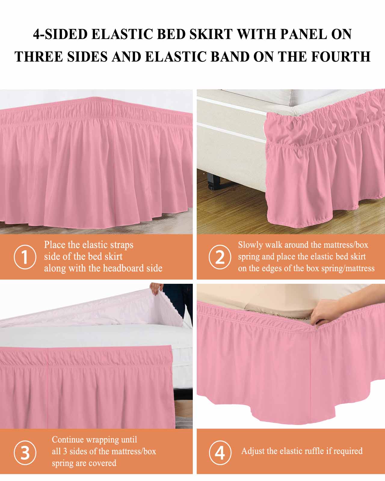Dark Pink Bed Skirt Solid Color Bed Skirts King Size 18 Inch Drop, Wrap Around Dust Ruffle&nbsp;Bedskirt with Adjustable Elastic Belt for Queen Size Beds