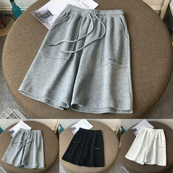 USSUMA Biker Shorts Women Letter Prints Drawstring Loose Elastic Mid Waist Embroidered Plus Size Shorts with Pocket Moisture Wicking Short Pants Wide Legs Slim Fit Shorts for Women Black L