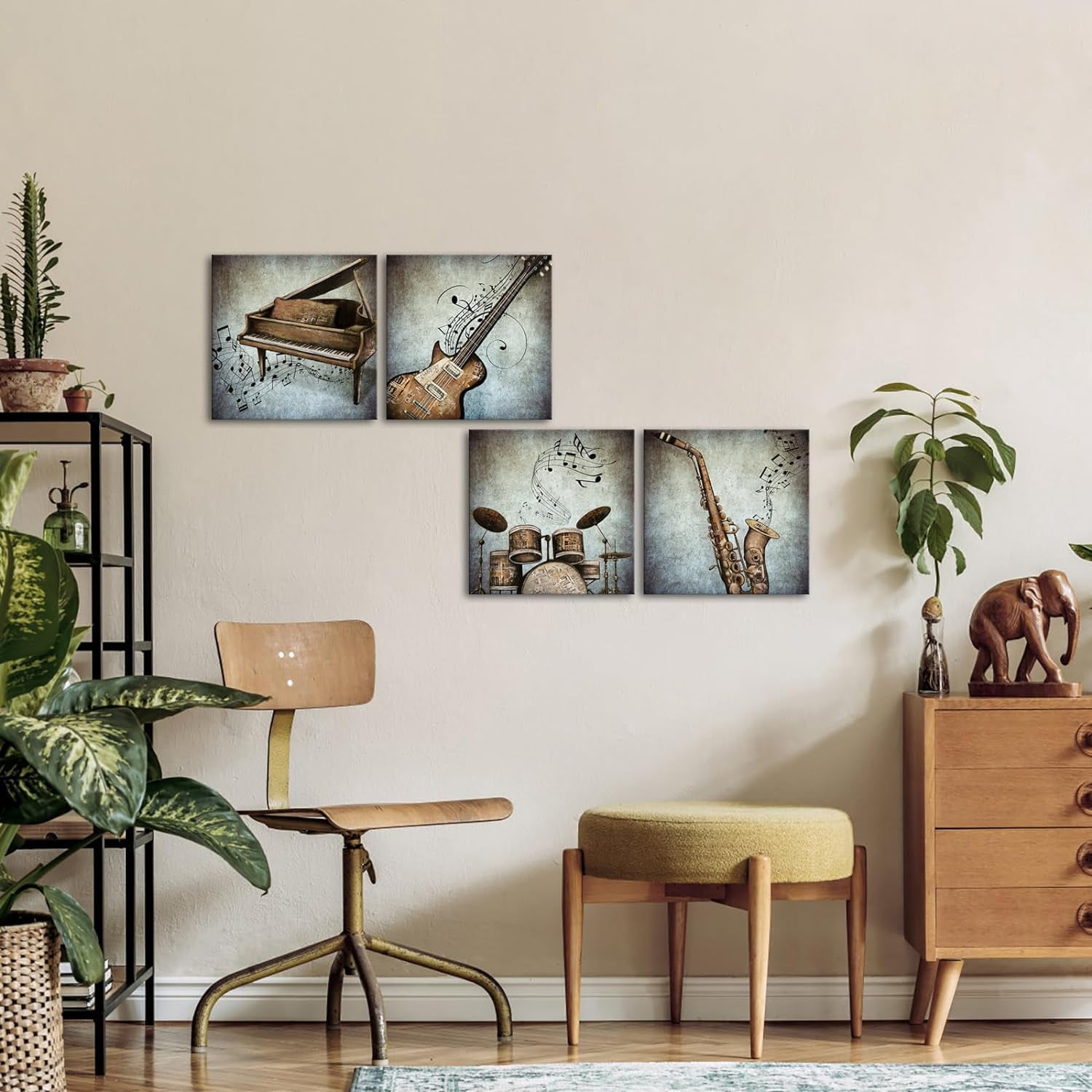 4 Panel Music Canvas Wall Art Vintage Piano Guitar Drum Set Saxophone Pictures Stretched Canvas Framed Art Abstract Music Notes Posters Artwork for Modern Home Bedroom Living Room Decor