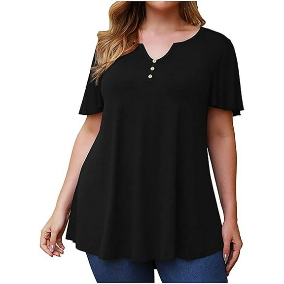 Pntutb Womens,Plus Size Women's Clothing Solid T-Shirt Button Short Sleeve V-Neck Tops