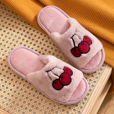 

Women Fuzzy Memory Foam Flat Slide Slippers Comfy Open Toe House Shoes Cotton Slippes Watermelon Red 6