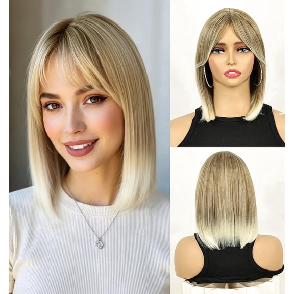 Creamily 12" Blonde Bob Wig with Bangs Dark Root - Short Straight Synthetic Wigs for Women Heat Resistant