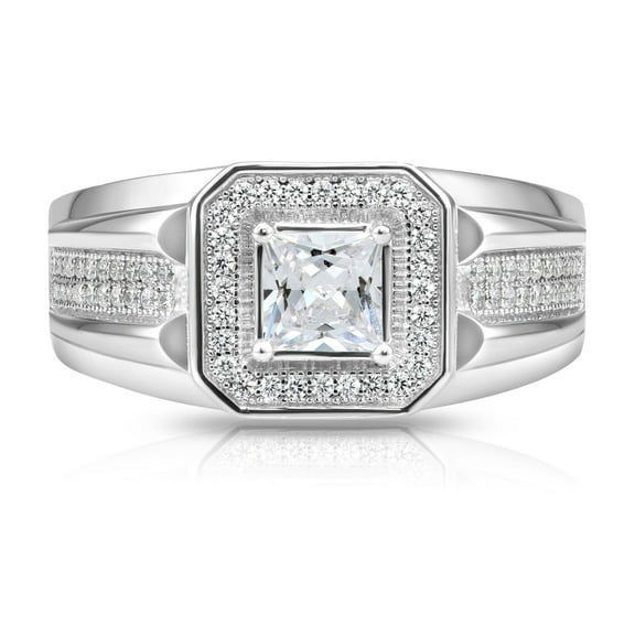 Tilo Jewelry Solid 925 Sterling Silver Solitaire Halo Princess-Cut Pave Band, Statement Pinky Ring | Size 9 | Classic Engagement, Wedding Ring for Men