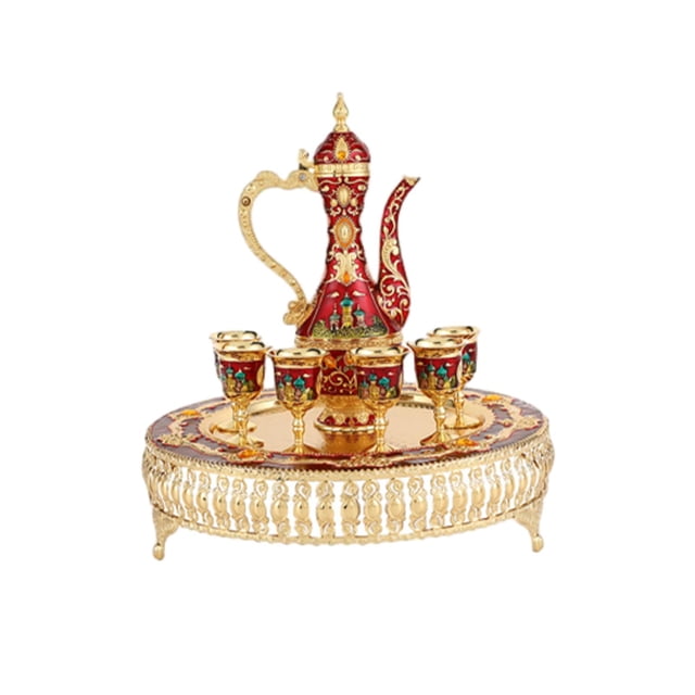 veasfak Turkish Coffee Cup and Tea Pot Set Art Crafts for Living Room Home Tea Party Red