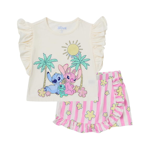 Disney Lilo and Stitch Girls Skort & T-Shirt Set, Summer Outfit with Ruffle Skirt for Toddler & Little Kids (Multi, 3T)