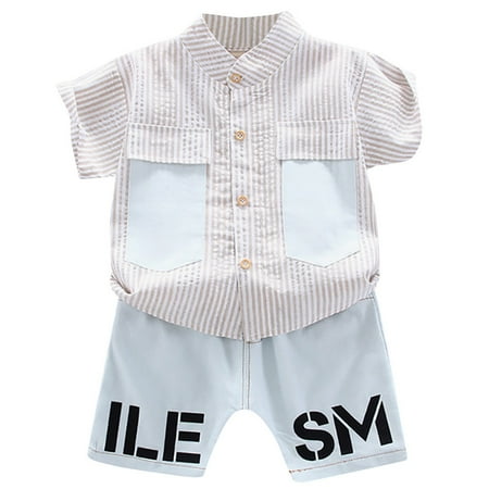 

BSDHBS Boy Outfits Toddler Kids Baby Boys Stripe T-shirt Tops+Letter Denim Shorts Outfits Set