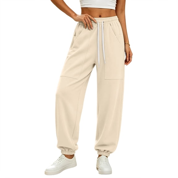 TEAJOPSUU Women's Joggers Drawstring Elastic Waist Cuffed Ankle Pants with Pockets Casual Fall Winter Workout Running Gym Trousers Beige
