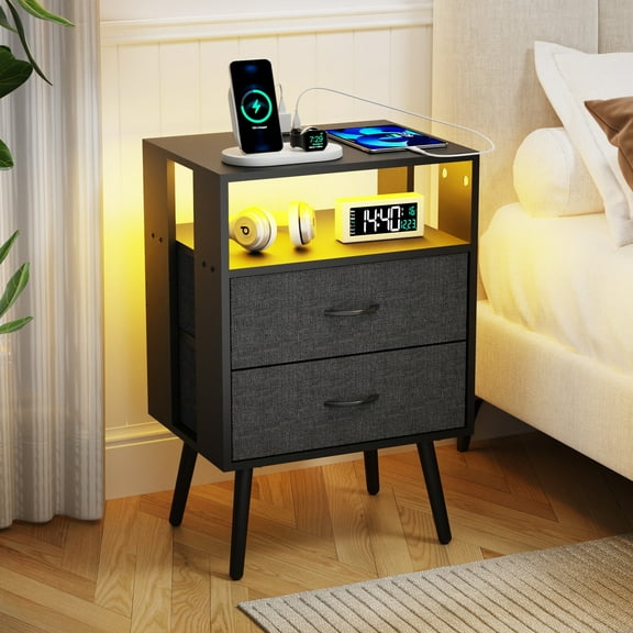 Wooden Nightstands 2 Pack Modern Nightstand with Charging Station, Bedside Tables with LED Light and Fabric Drawers,Bedside Nightstands