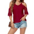 thumbnail image 2 of Blusas de color puro para mujer, camisetas de verano con cuello en V y hombros descubiertos con manga de encaje para uso diario, compras, rojo, XL, 2 of 8