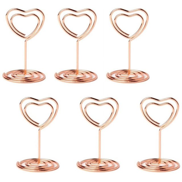 GFDYREE 20pcs Mini Place Card Holders Table Number Stands Table Card Holder Wire Table Picture Photo Holder with Heart Shape Menu Memo Clips for Wedding Favors, Rose Gold