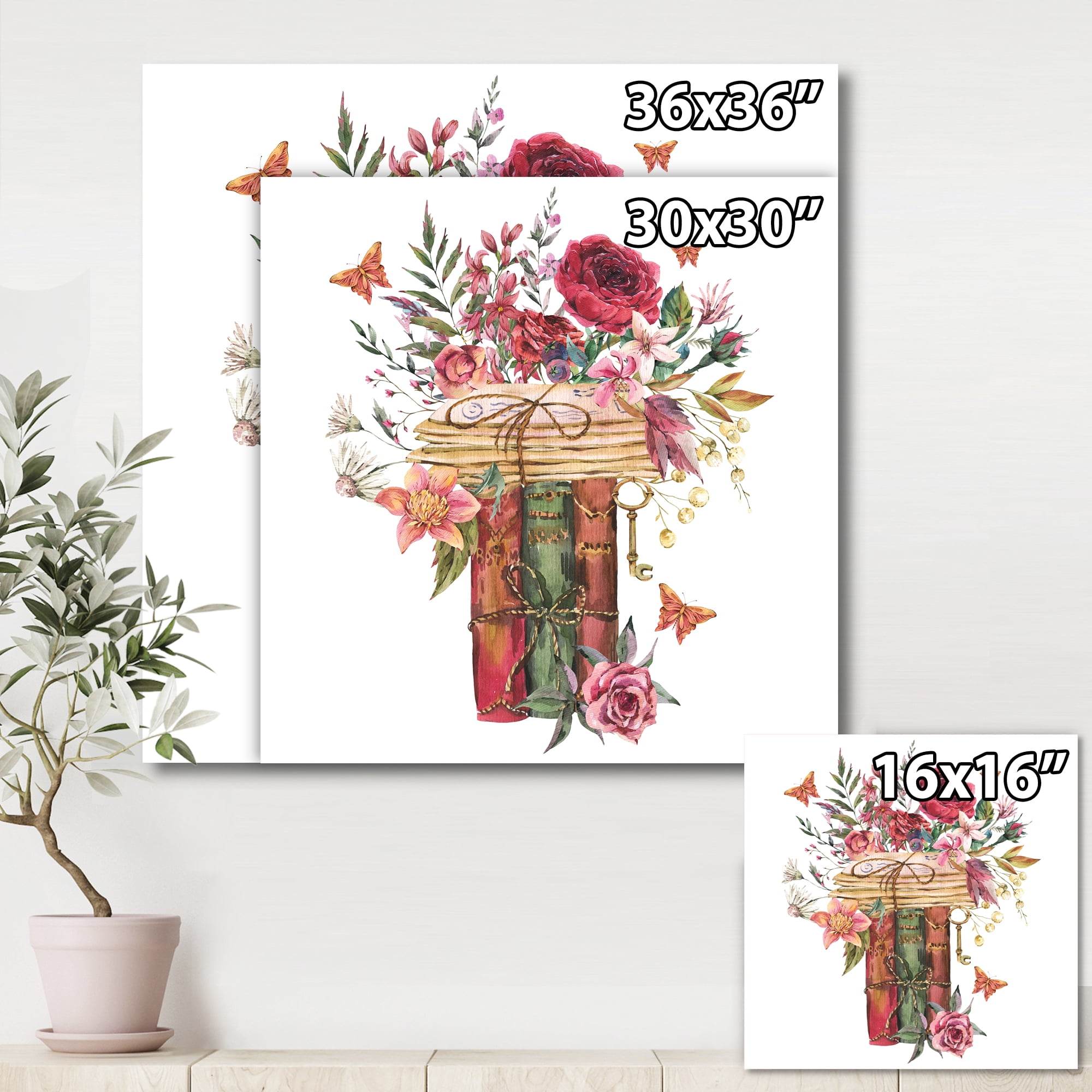 Wildflowers With Vintage Old Books 30 in x 30 in Painting Canvas Art Print, by Designart