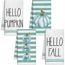 luyaa 4 Pcs Fall Kitchen Towels 18x26 inch Thanksgiving Teal Striped Pumpkin Decorative Dish Hand Towels Set for Autumn Bathroom Kitchen Farmhouse Decor