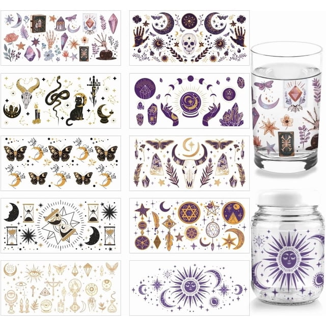 10 hojas de envoltura de adivinación UV DTF para vasos de vidrio de 16 oz, lunas, sol, mariposas, calcomanías de transferencia de PVC para vasos, muebles de madera y suministros mágicos.
