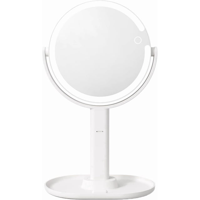 Espejo de Maquillaje Iluminado, Espejo de Aumento Doble Cara 1X/30X con 3 Luces de Color, Luz e Interruptor Táctil, Carga USB Rotación de 360° Colgar Pared Brillo Regulable para Bolso Viajes, Blanco
