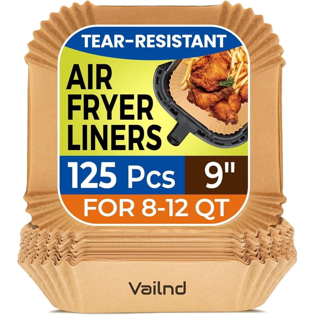 Vailnd Forros de papel desechables para freidora de aire cuadrada de 9 pulgadas, 125 piezas, revestimiento de pergamino antiadherente para freidora de aire de grado alimenticio, resistente al aceite,