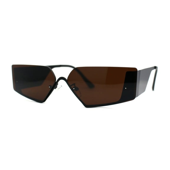 Womens Rimless Upside Down Half Frame Narrow Rectangular Metal Rim Sunglasses Black Brown
