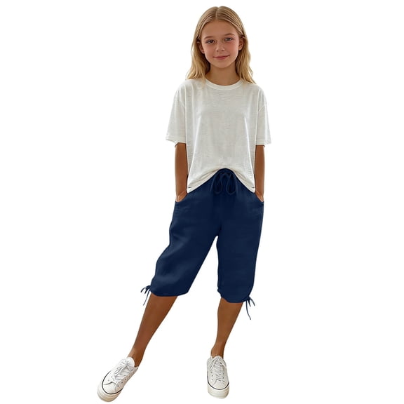 LWNYDPLSD Girls Lightweight Shorts Kids Knee Length Elastic Waisted Bermuda Shorts Teen Summer Beach Capris Casual Short Girl Daily Clothes
