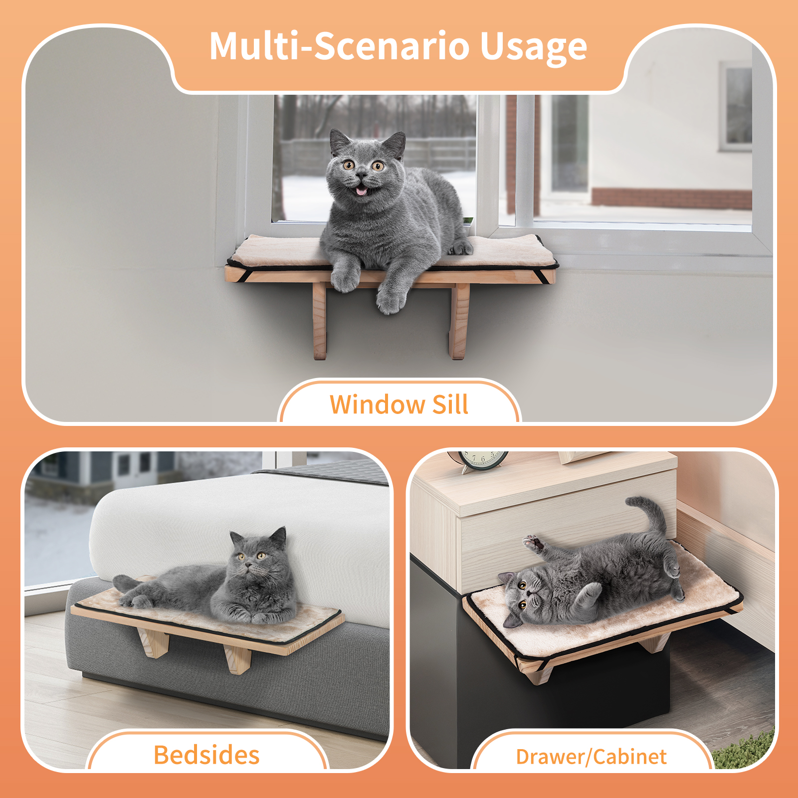 PETSFIT Cat Window Perch, Cat Hammock Window Seat with Natural Solid Wood&Removable Fleece Mat,Safety Sturdy Cat Bed for Windowsill, Bedside and Drawer