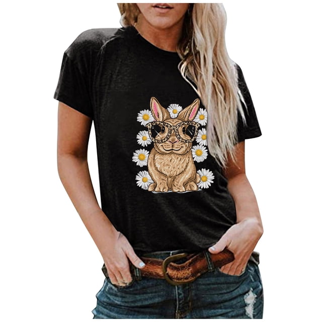 Hauts d'Été Grande Taille pour Femmes, T-shirt Imprimé Lapin Col Rond, Blouse Décontractée à Manches Courtes, Col en V, en Solde
