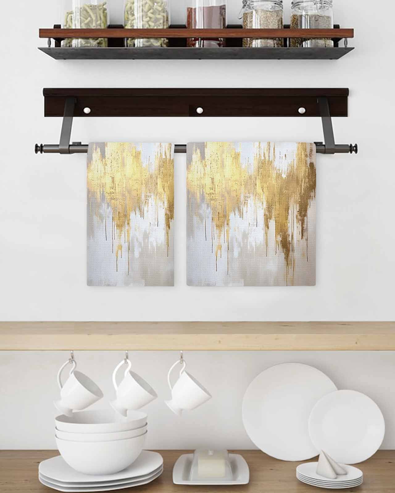 Gold Grey Hand Towels Set,Waffle Weave Kitchen Towels 3Pcs, Abstract Contemporary Square Graffiti Smear Art Microfiber Hair Face Bath Tea Towel Absorbent Quick Drying Cleaning Dish Cloths 15.7"x23.6"