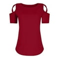 thumbnail image 4 of GigrtiJin Summer Tops for Women Solid Color Cold Shoulder Short Sleeve T Shirts Crew Neck Loose Tunics Blouse, 4 of 4