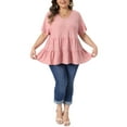 thumbnail image 2 of Agnes Orinda Women's Plus Size Valentines Day Top Eyelet Cutout Layered V Neck Short Sleeve Shirts Flowy Casual Summer Babydoll Blouses 1X Pink, 2 of 6