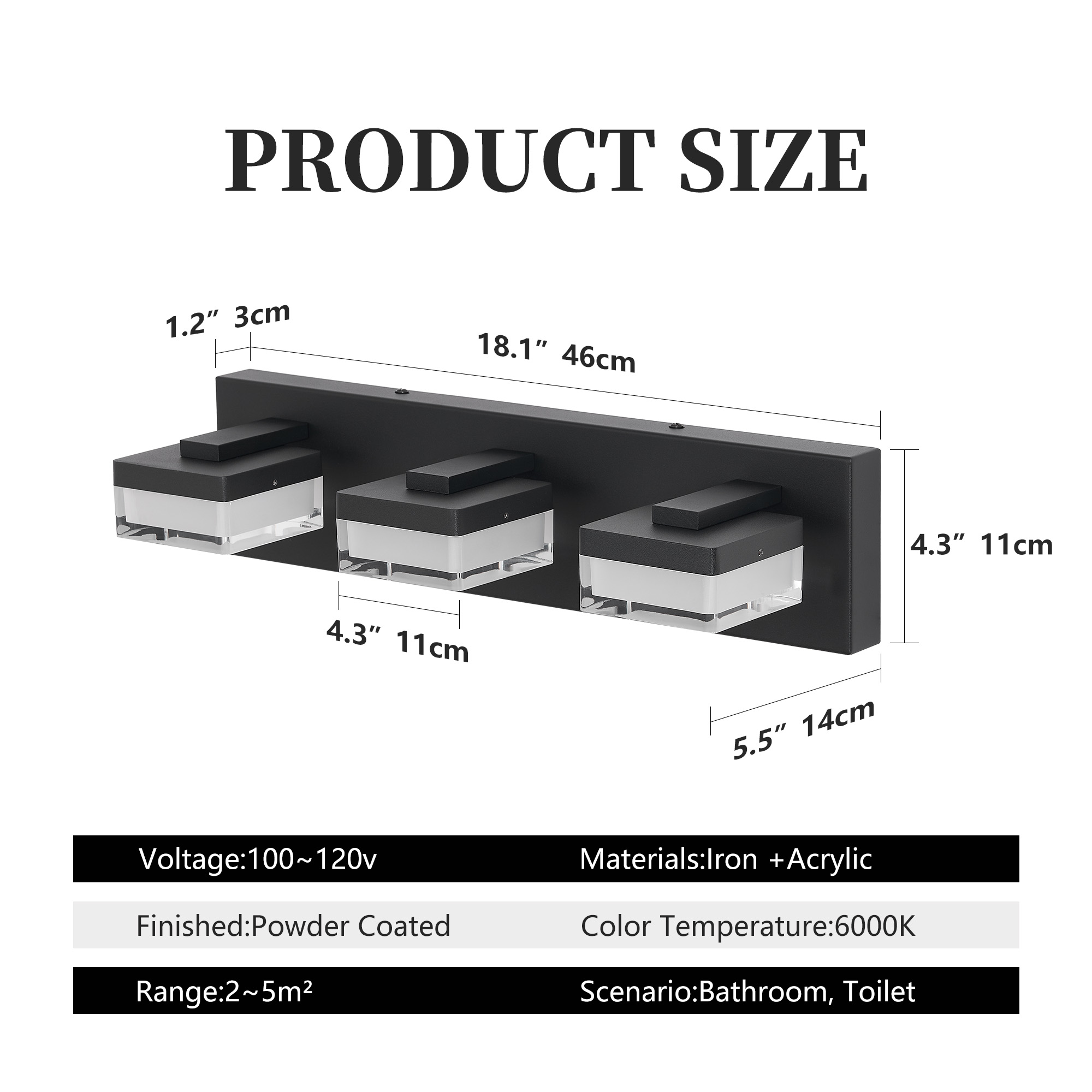 Modern LED Vanity Light for Bathroom, 3-Light Matt Black with Transparent Acrylic, 18W Energy Saving Wall Lamp Above Mirror, Easy Install US Junction Box