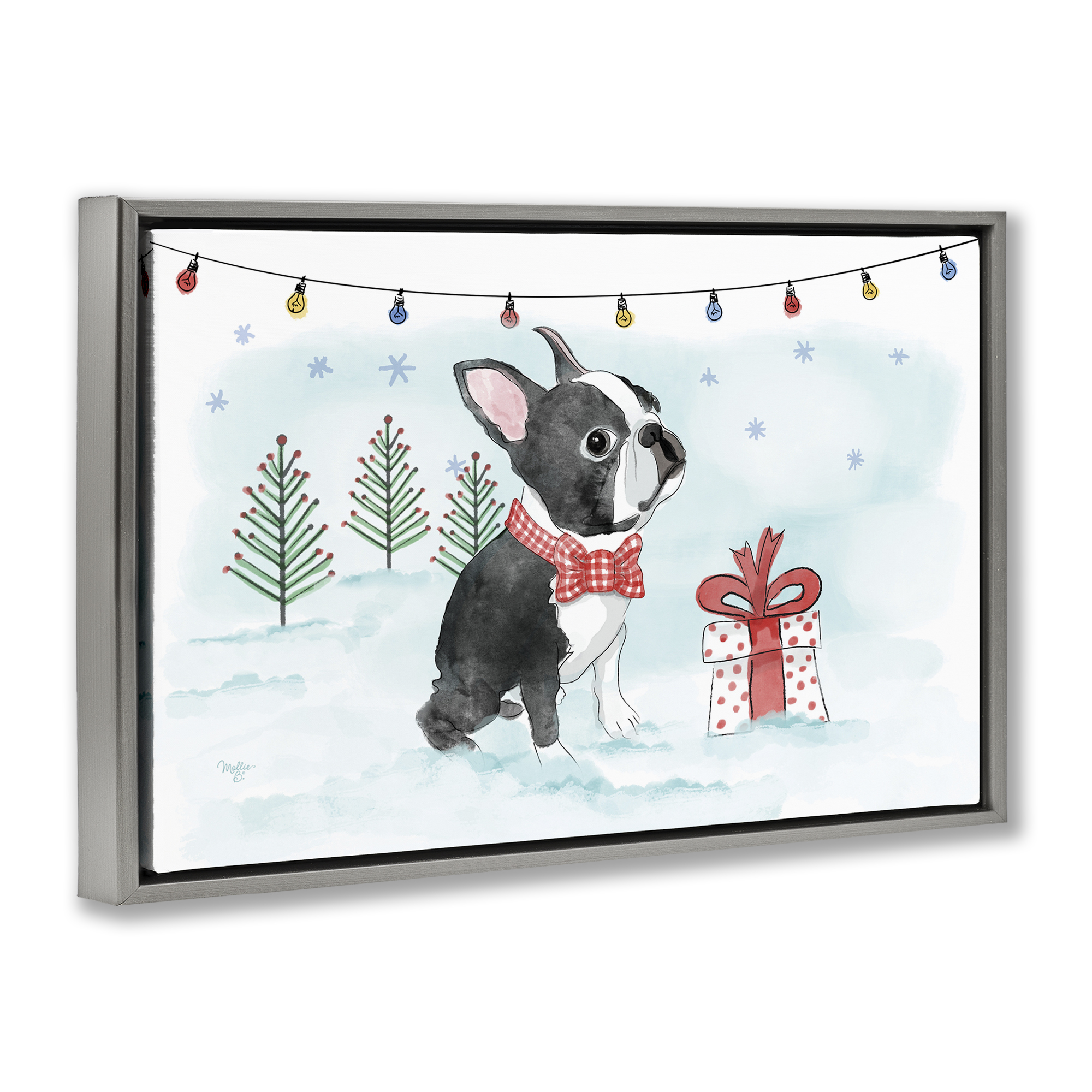 Stupell Industries Snowy Boston Terrier Holiday Painting Gray Floater Framed Canvas Art Prints Wall Art, 25 x 17