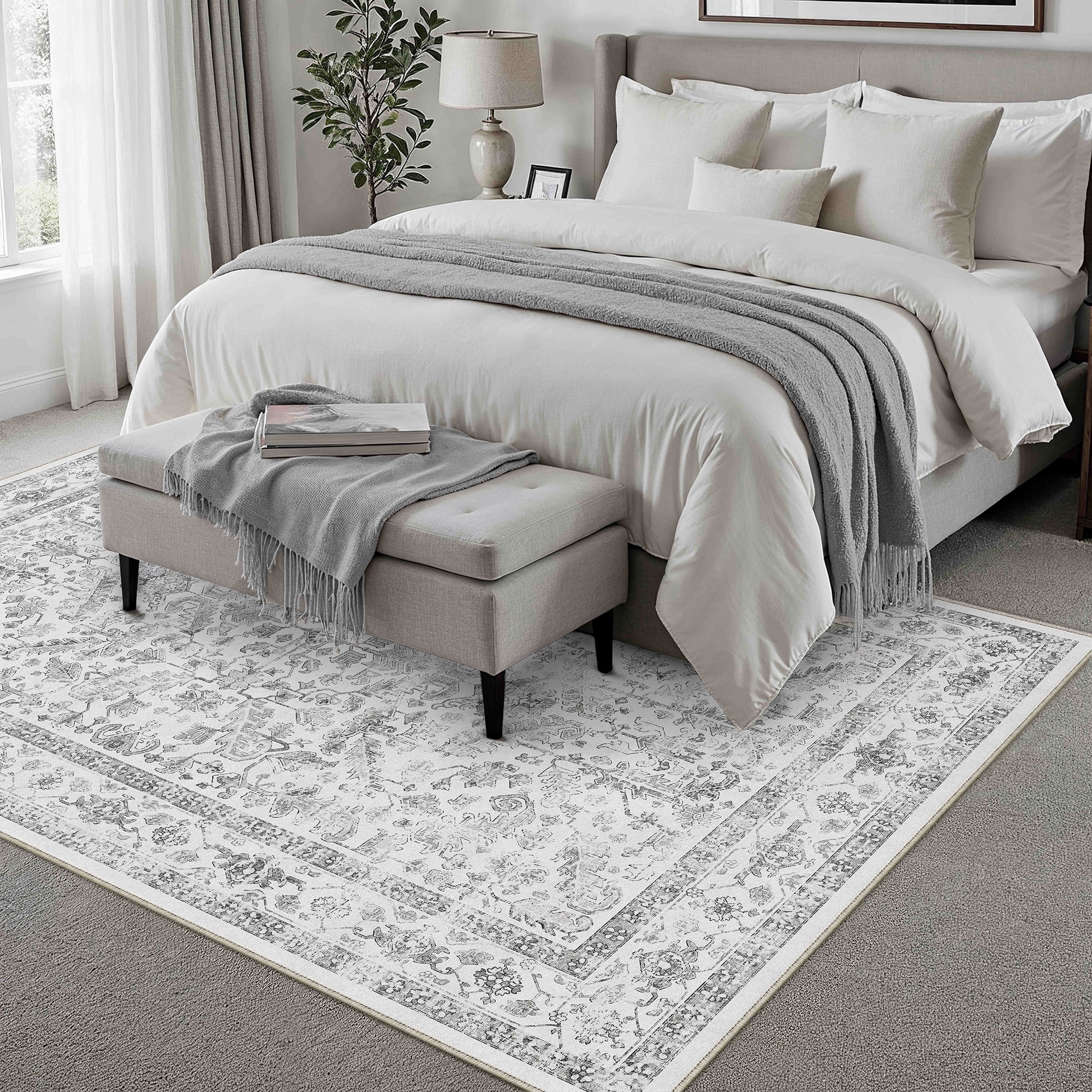 BERTHMEER 9'x12' Large Area Rug for Living Room Machine Washable Bedroom Rugs Distressed Vintage Oriental Traditional Print Gray Rug for Dining Room Farmhouse Nonsilp Carpet, Gray