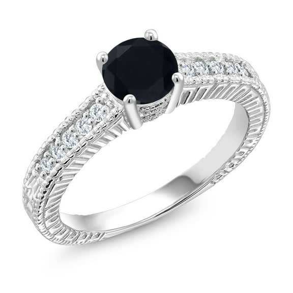Gem Stone King 925 Sterling Silver Ring Round Black Onyx and Moissanite (0.95 Cttw, Size 5)