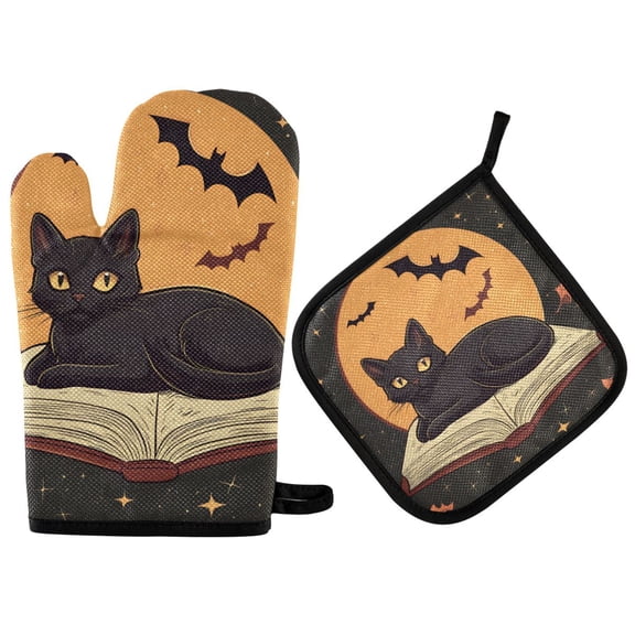 Yayeee Oven Mitts and Pot Holder Set of 2 Heat Resistant Kitchen Gloves Baking Hot Pad, Orange Halloween Cat