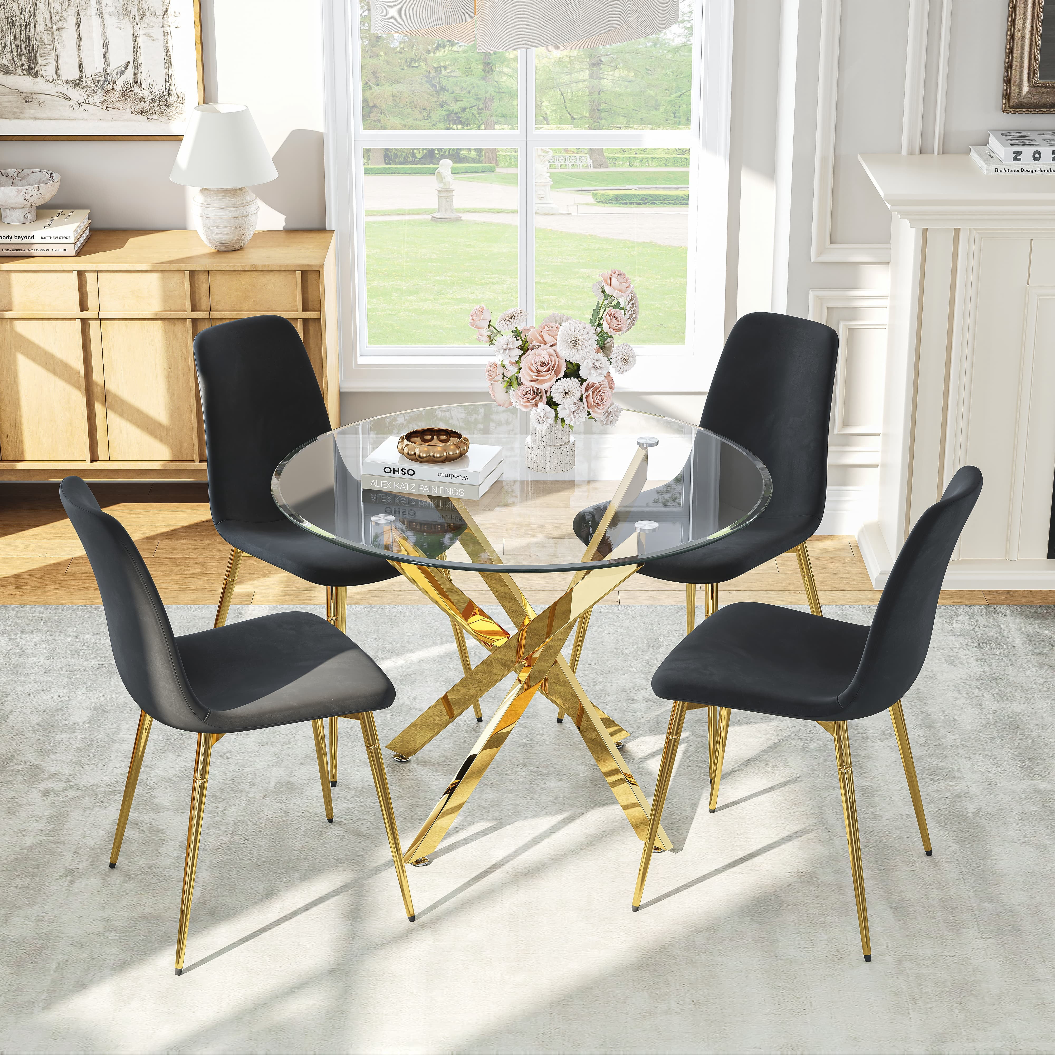 5-Piece 36" Round Glass Dining Set, Clear Tempered Glass Table & 4 Velvet Chairs with Stainless Steel Legs for Kitchen, Meeting Room
