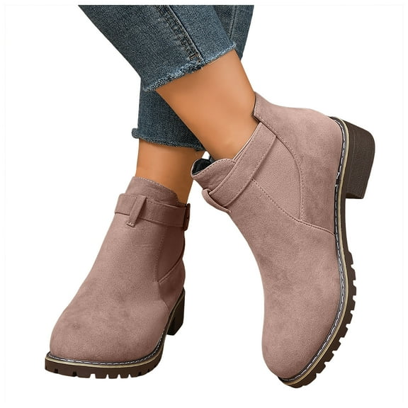 Chenyee Women's Suede Ankle Boots Chunky Low Heel Slip On Stretchy Cuff Pointed Toe Short Dress Booties