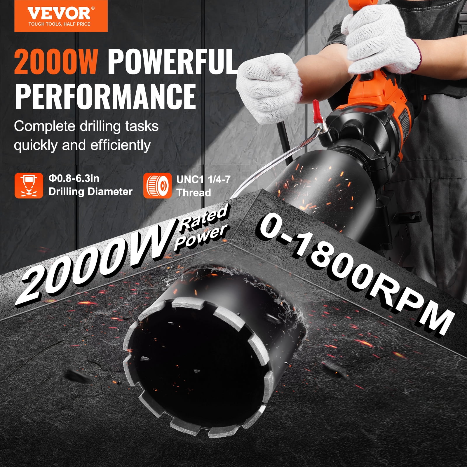 VEVOR Core Drill Machine, 0.8-6.3in Drilling Diameter Handheld Diamond Core Drill Rig with Stand and Core Drill Bit, 2000W Rugged Concrete Core Drill, Wet and Dry Use, For Concrete, Brick, Marble