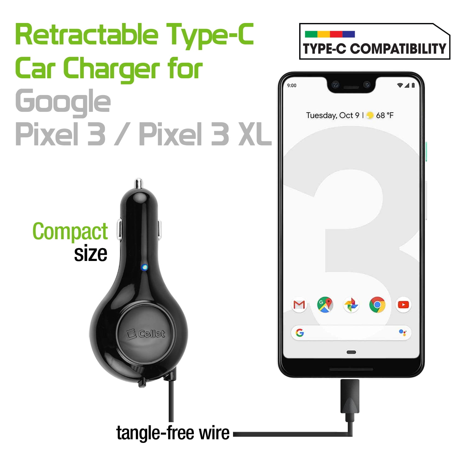Cellet 3Amp / 15Watt USB TypeC Retractable Car Charger for Google
