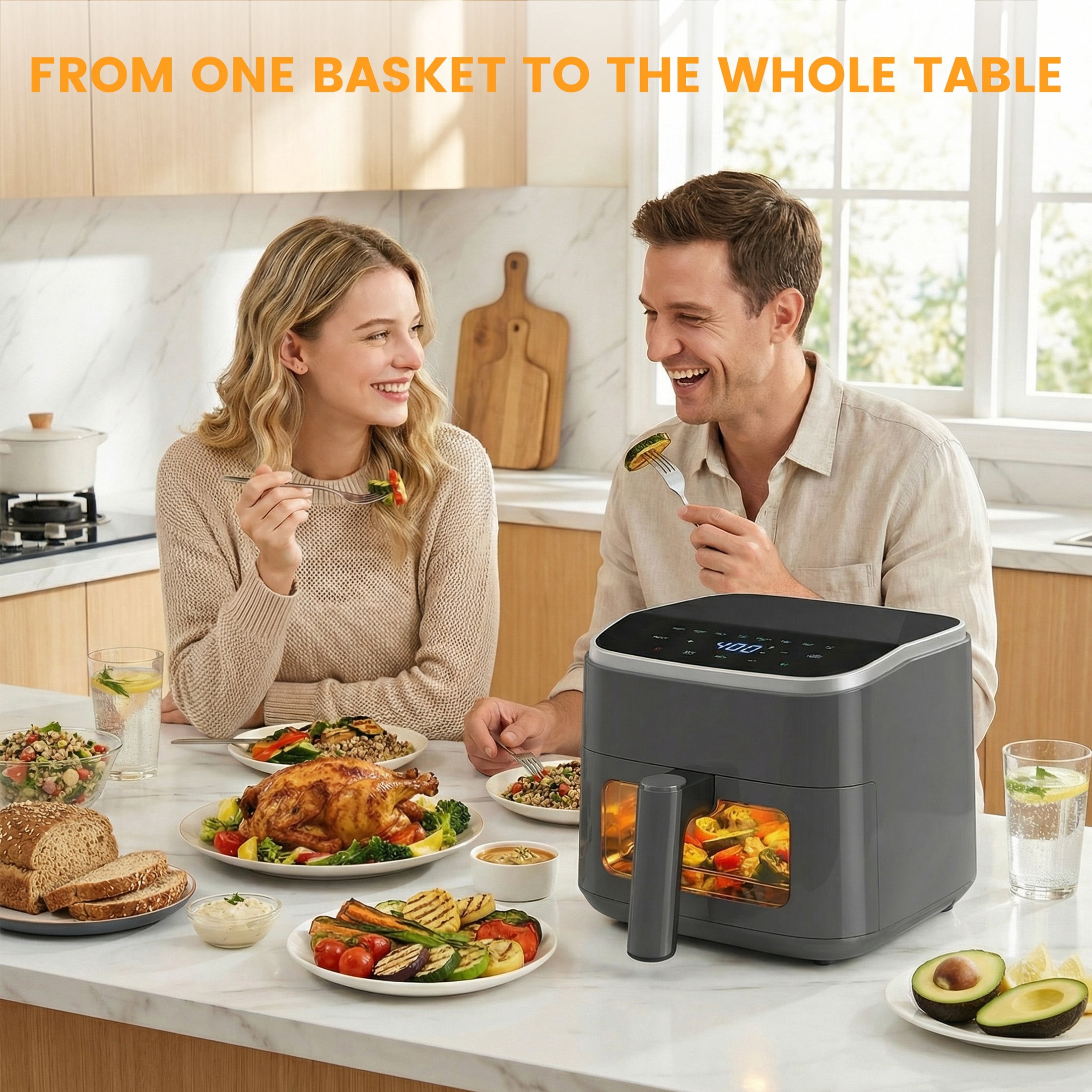 EDX 4QT Air Fryer, 1500W Digital Touchscreen with 8 Presets, Visible Window, Flip Reminder, Nonstick Dishwasher-Safe Basket, Gray