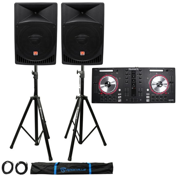 Numark MixTrack Pro 3 USB/Midi Controller+(2) 15" Powered Speakers+Stands+Cables