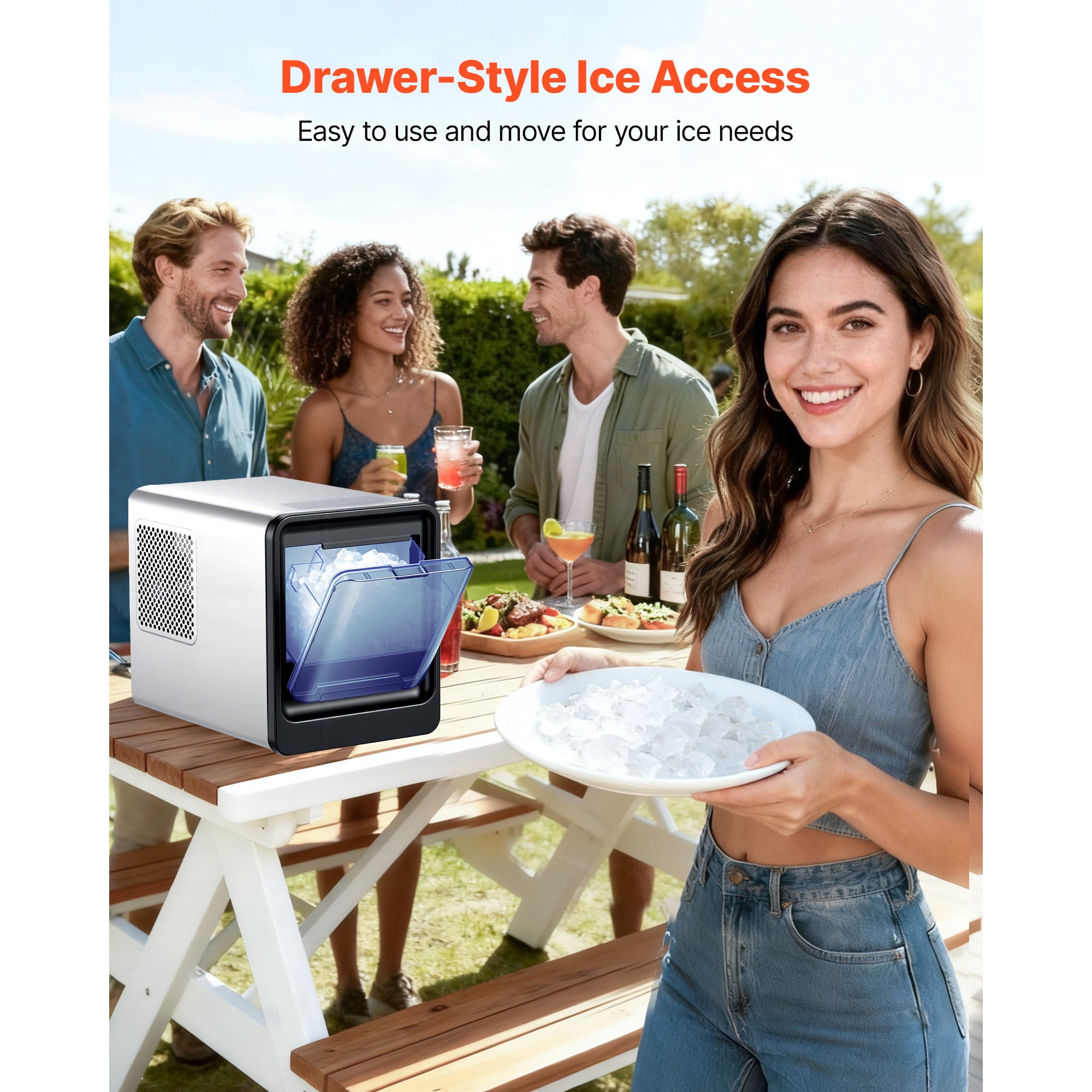 KFFKFF Countertop Ice Maker, 33 lbs Daily Capacity, Self-Cleaning Portable Machine with Scoop, Drawer-Style Access, Nugget Ice Maker for Home, Kitchen, Office, Bar, and Parties