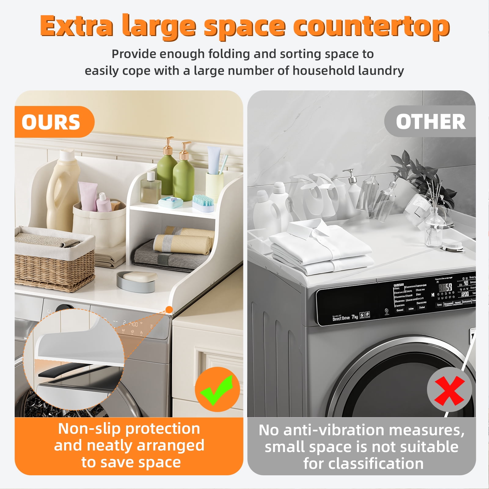 Universal Laundry Washer & Dryer Countertop,Storage Rack, 110lb Load Capacity, 27.5" Wide Folding Surface with Anti-Slip Silicone & Rails, Easy DIY Assembly