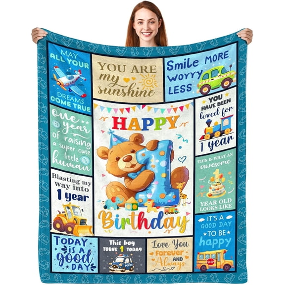 1 Year Old Boys Gifts, Happy 1st Birthday Blanket 50x40in, 1st Birthday Gifts for One Year Old Boys, Baby Boy First Birthday Gift Ideas, Teddy Bear 1st Birthday Decorations for Boy Blanket