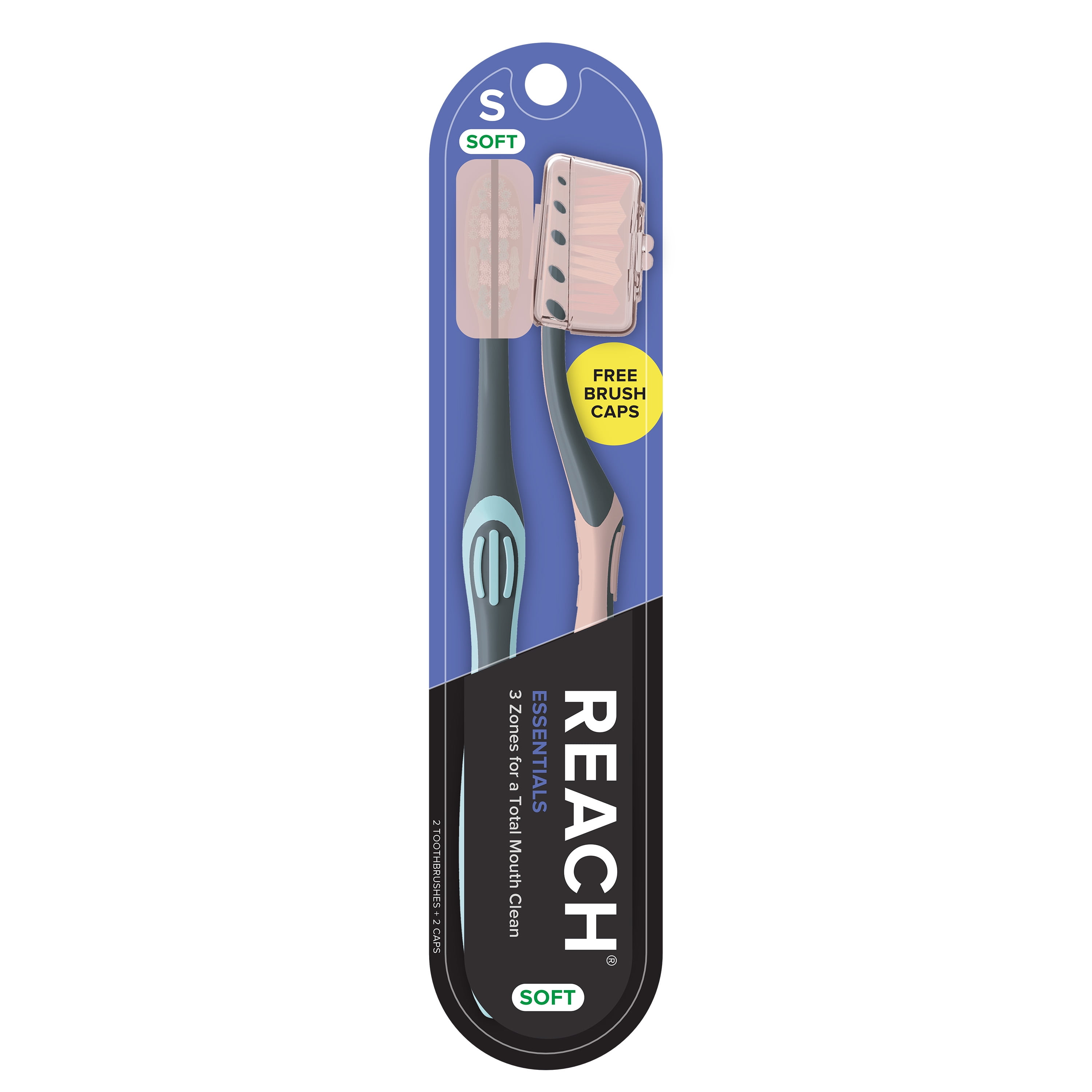 (3 pack) Reach Essentials Manual Toothbrush with Cap, Soft, 2 Count